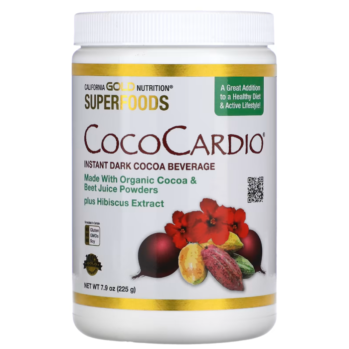 California Gold Nutrition, CocoCardio, Boisson instantanée au cacao noir certifié biologique, Avec jus de betterave et hibiscus, 225 g — California complément alimentaire au Maroc